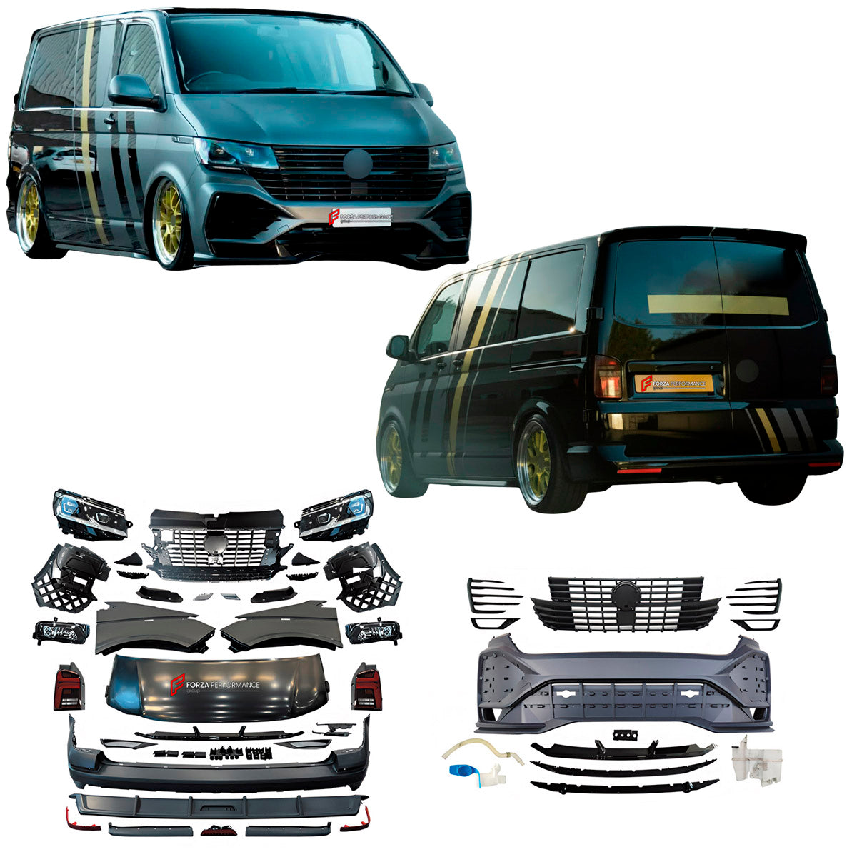 CONVERSION UPGRADE FACELIFT OLD TO NEW BODY KIT for Volkswagen Transporter T5.1 Facelift 2010 - 2015 to Transporter T6.1 Facelift 2019 - 2024
Set includes:

Front Bumper Assembly
Front Grille
Hood Bonnet
Front Fenders
Rear Bumper Assembly
Rear Diffuser
Material: Plastic

NOTE: Professional installation is required.