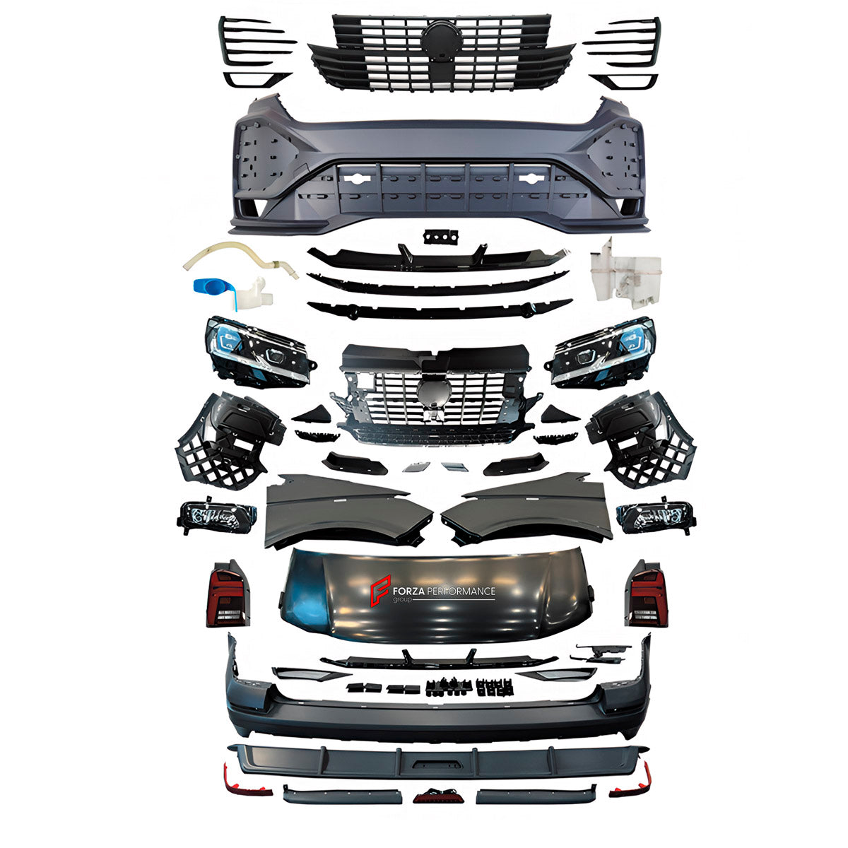CONVERSION UPGRADE FACELIFT OLD TO NEW BODY KIT for Volkswagen Transporter T5.1 Facelift 2010 - 2015 to Transporter T6.1 Facelift 2019 - 2024
Set includes:

Front Bumper Assembly
Front Grille
Hood Bonnet
Front Fenders
Rear Bumper Assembly
Rear Diffuser
Material: Plastic

NOTE: Professional installation is required.