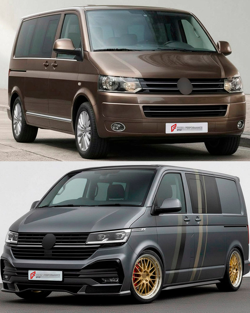 CONVERSION UPGRADE FACELIFT OLD TO NEW BODY KIT for Volkswagen Transporter T5.1 Facelift 2010 - 2015 to Transporter T6.1 Facelift 2019 - 2024
Set includes:

Front Bumper Assembly
Front Grille
Hood Bonnet
Front Fenders
Rear Bumper Assembly
Rear Diffuser
Material: Plastic

NOTE: Professional installation is required.