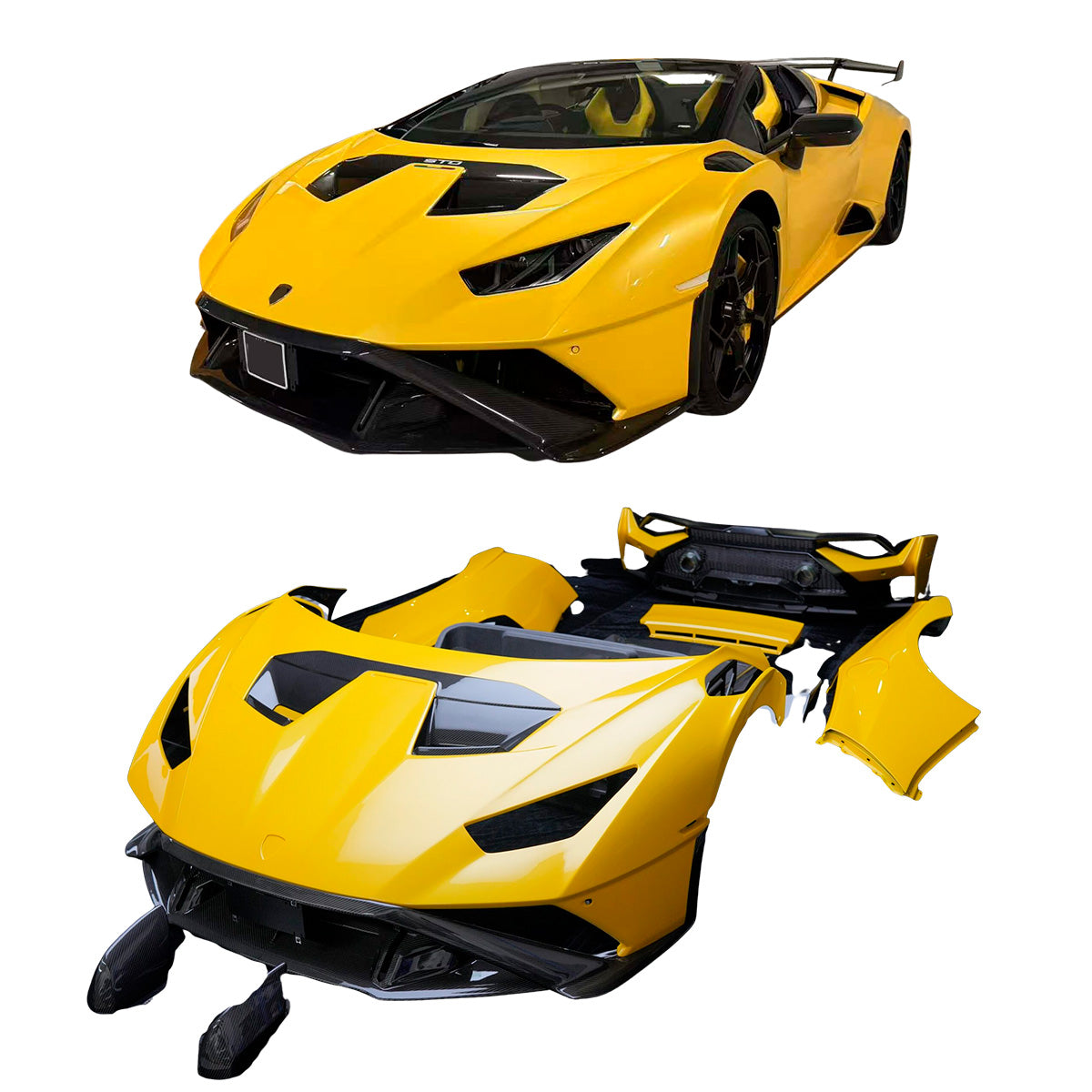 CONVERSION CARBON BODY KIT for LAMBORGHINI HURACAN LP580 LP610 LP640 SPYDER 2016 - 2019 upgrade to HURACAN STO LP 640

Set includes:
Front Lip
Front Bumper
Front Trunk with Air Inlets
Front Hood / Bonnet
Front Fenders
Front Fender Air Vents
Side Skirts
Rear Quarter Panels
Rear Engine Lid

Rear Wing Spoiler
Rear Bumper
Rear Diffuser
Exhaus System


Material: Dry Carbon

NOTE:

Professional installation is required
Why “Contact Us for Pricing”?

We don’t display fixed prices because our goal is to offer you t