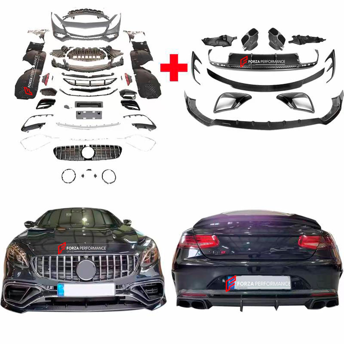 CONVERSION UPGRADE FACELIFT OLD TO NEW BODY KIT for MERCEDES-BENZ S-CLASS C217 S 400 S500 S550 2014 - 2020 to S63 AMG
Set includes:

Front Lip
Front Bumper Assembly
Front Grille
Mirror Housing
Rear Side Canards
Rear Diffuser
Spoiler
Exhaust Tips
Material: Carbon

NOTE: Professional installation is required.