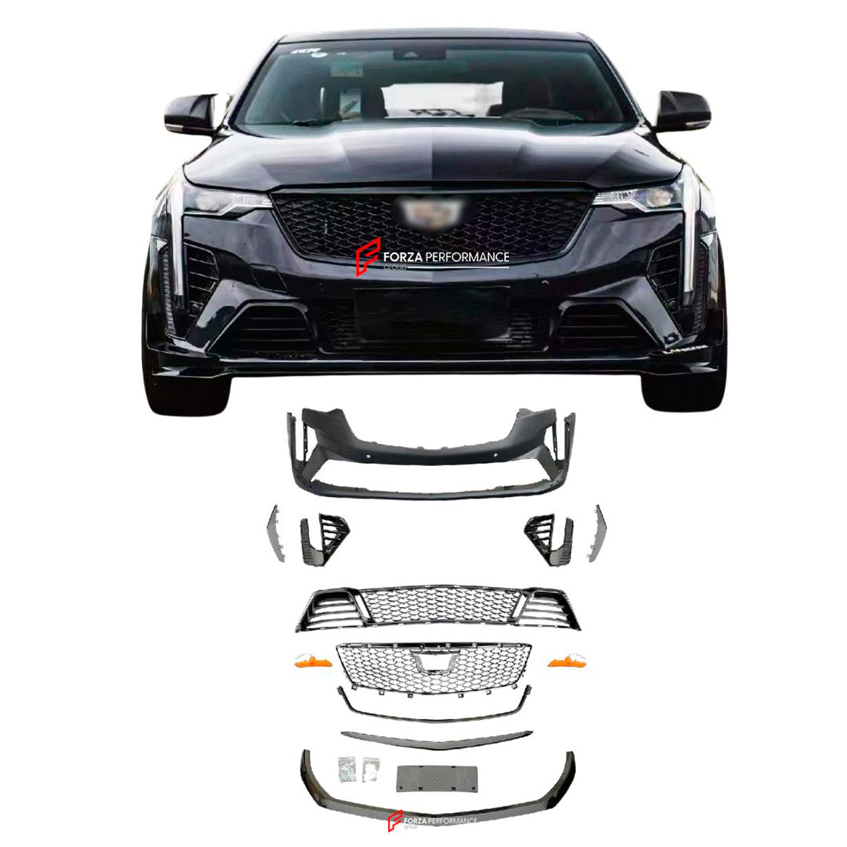 CONVERSION CT4 V BLACKWING FRONT BUMPER for CADILLAC CT4 2020+ FORZA PERFORMANCE Custom Fit
Set includes:

Front Bumper Assembly
Front Upper Grille
Front Center Grille
Front Bumper Vent Covers
Front Canards
Front Lip (Carbon Fiber Available)
Turn Signal Lights
Material: Plastic / Carbon Fiber

NOTE: Professional installation is required.
