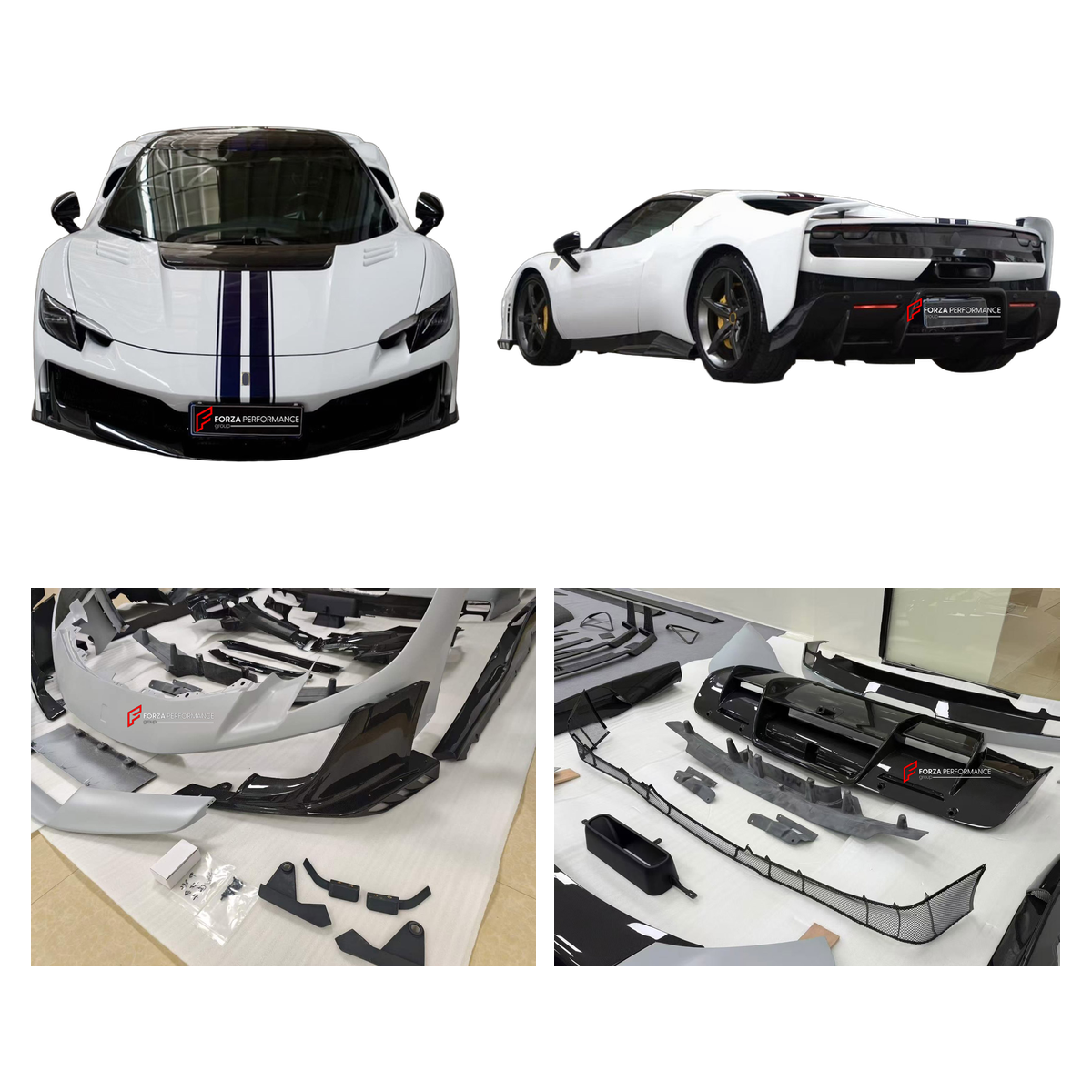 CONVERSION DRY CARBON BODY KIT for FERRARI 296 GTB GTS 2022+ UPGRADE to 296 SPECIALE 2026+ FORZA PERFORMANCE custom fit Speciale Style

Set includes:
Front Lip
Front Bumper Assembly
Side Skirts
Rear Spoiler Wing
Rear Diffuser

Material: Dry Carbon

NOTE: Professional installation is required.