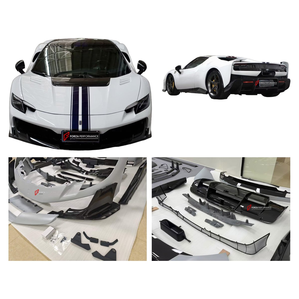 CONVERSION DRY CARBON BODY KIT for FERRARI 296 GTB GTS 2022+ UPGRADE to 296 SPECIALE 2026+ FORZA PERFORMANCE custom fit Speciale Style

Set includes:
Front Lip
Front Bumper Assembly
Side Skirts
Rear Spoiler Wing
Rear Diffuser

Material: Dry Carbon

NOTE: Professional installation is required.