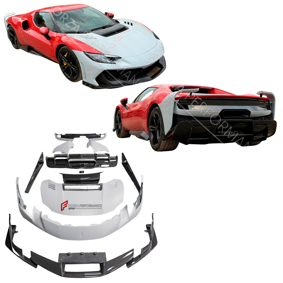 CONVERSION UPGRADE FACELIFT OLD TO NEW BODY KIT for Ferrari 296 GTS GTB 2022+ to FERRARI 296 SPECIALE 2025+
Set includes:

Front Lip
Front Bumper
Hood Bonnet
Side Skirts
Rear Bumper Assembly
Rear Diffuser
Material: Dry Carbon

NOTE: Professional installation is required.