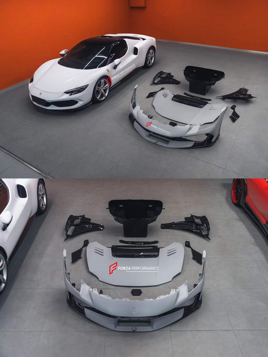 CONVERSION UPGRADE FACELIFT OLD TO NEW BODY KIT for Ferrari 296 GTS GTB 2022+ to FERRARI 296 SPECIALE 2025+
Set includes:

Front Lip
Front Bumper
Hood Bonnet
Side Skirts
Rear Bumper Assembly
Rear Diffuser
Material: Dry Carbon

NOTE: Professional installation is required.