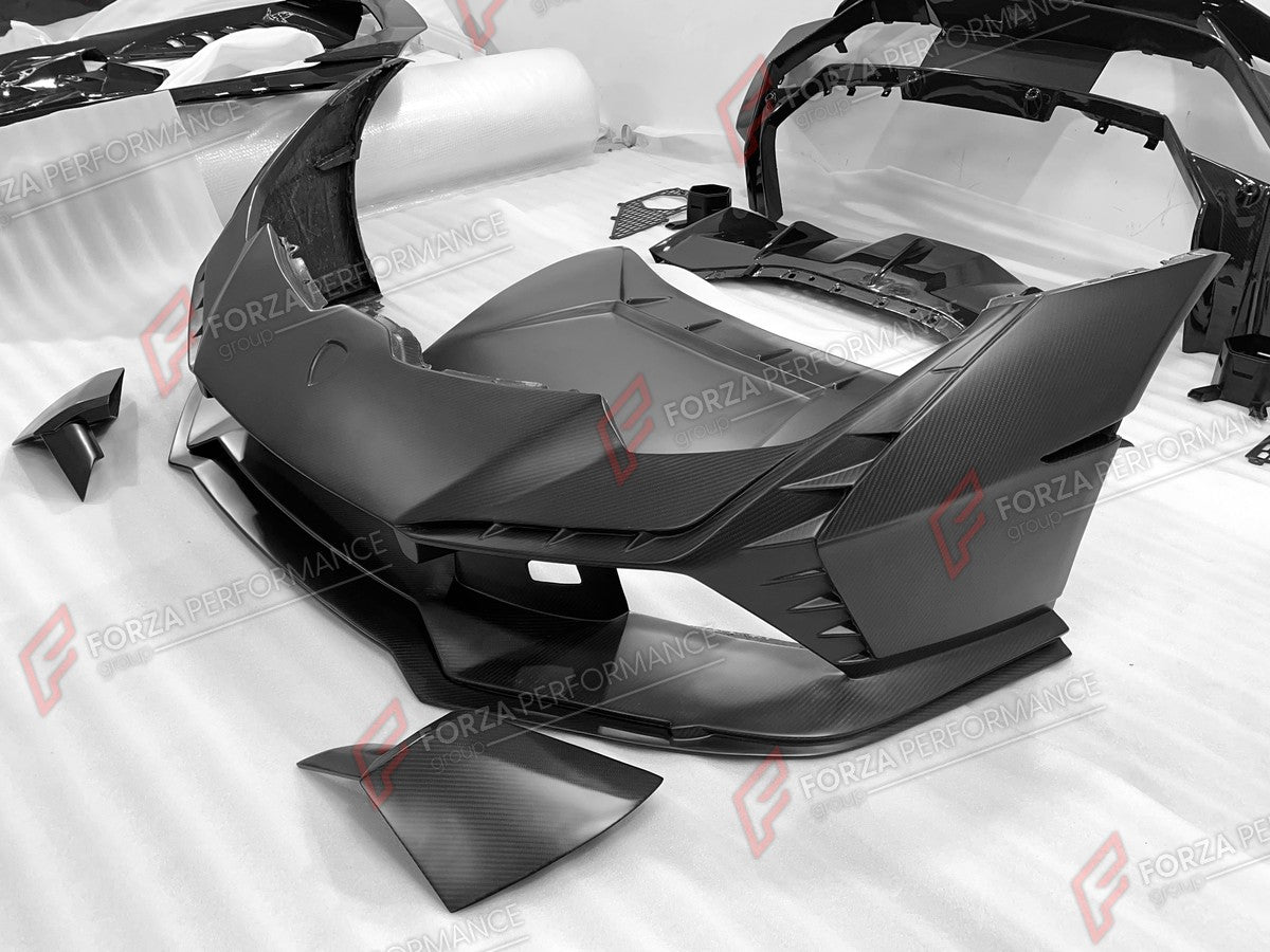 DRY CARBON BODY KIT for LAMBORGHINI HURACAN TECNICA 2022 - 2024 FORZA PERFORMANCE custom fit Tecnica Style

Set includes:
Front Bumper
Front Lip
Hood Bonnet
Side Skirts
Rear Fender Air Intakes
Engine Cover
Rear Bumper
Rear Diffuser
Rear Wing Spoiler

Material: Dry Carbon

NOTE: Professional installation is required.