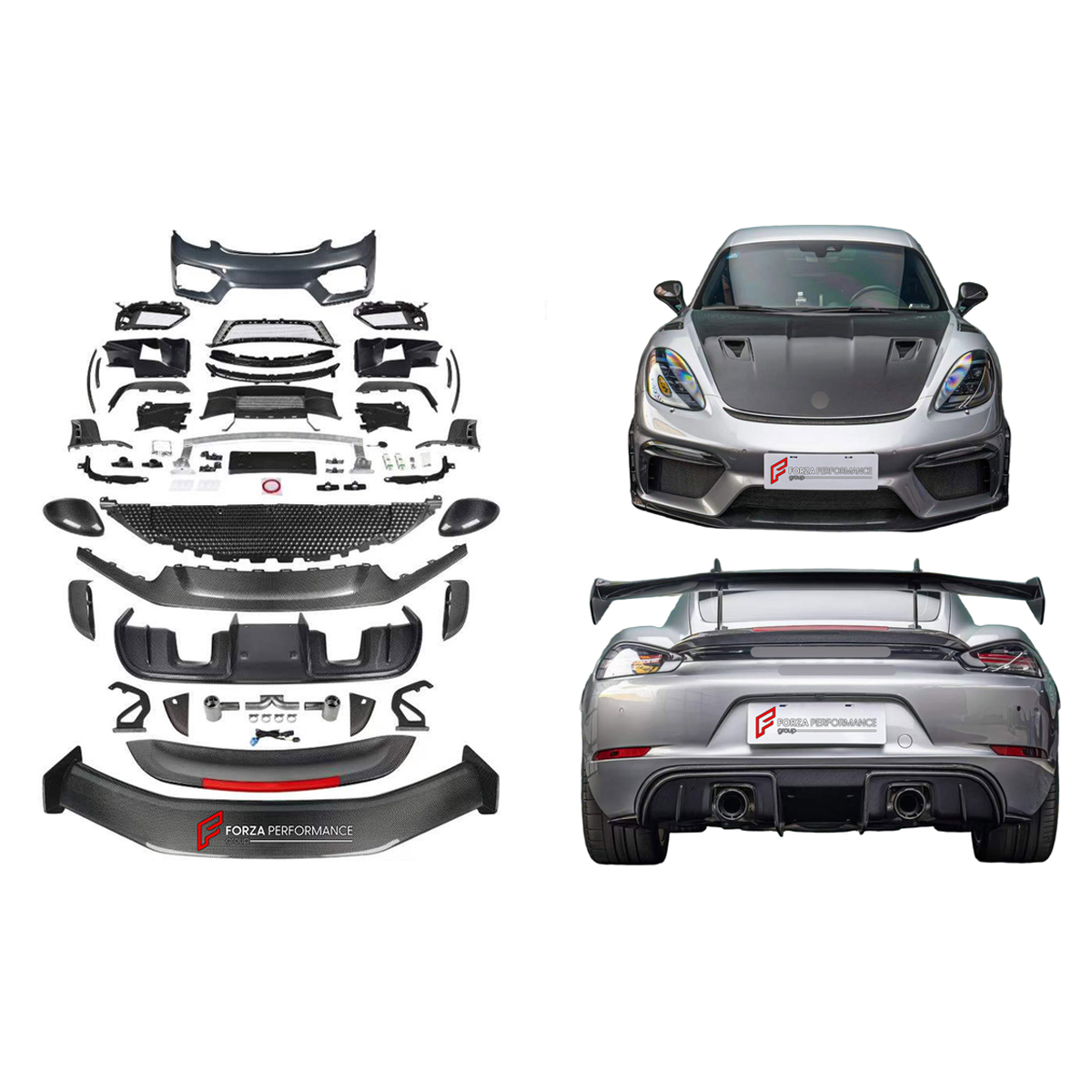 CONVERSION DRY CARBON BODY KIT for PORSCHE 718 982 CAYMAN BOXSTER 2016 - 2025 UPGRADE to GT4 RS 2016 - 2025 FORZA PERFORMANCE custom fit GT4 RS

Set includes:
Front Lip
Front Bumper Assembly
Front Grille
Side Mirror Covers
Rear Spoiler
Rear Diffuser
Exhaust Tips

Material: Dry Carbon, Plastic

NOTE: Professional installation is required.