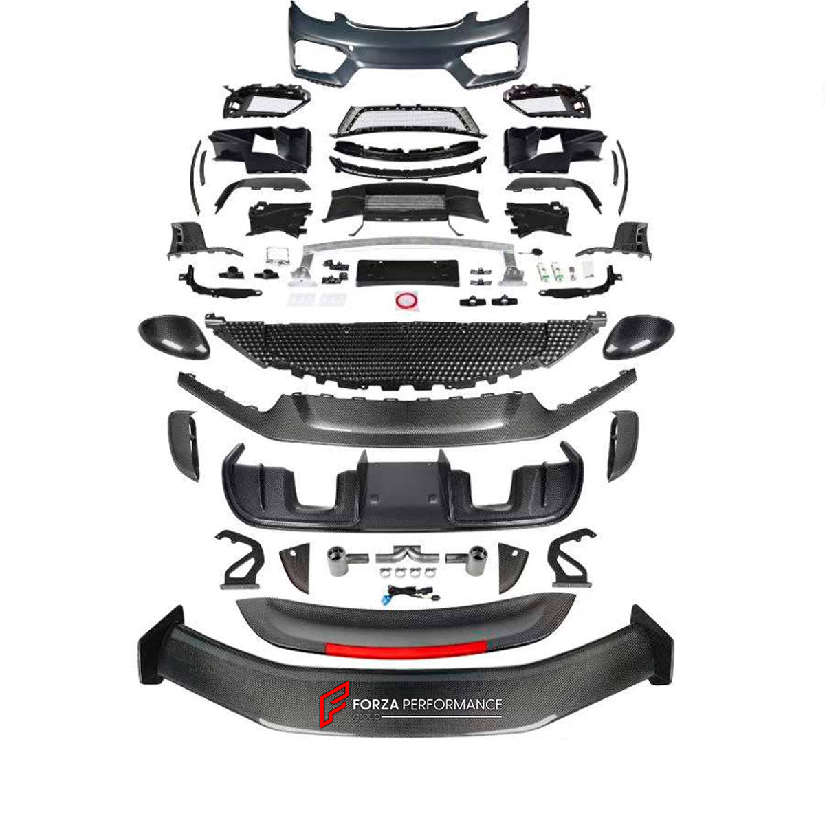 CONVERSION DRY CARBON BODY KIT for PORSCHE 718 982 CAYMAN BOXSTER 2016 - 2025 UPGRADE to GT4 RS 2016 - 2025 FORZA PERFORMANCE custom fit GT4 RS

Set includes:
Front Lip
Front Bumper Assembly
Front Grille
Side Mirror Covers
Rear Spoiler
Rear Diffuser
Exhaust Tips

Material: Dry Carbon, Plastic

NOTE: Professional installation is required.