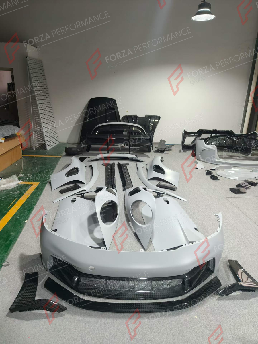CONVERSION DRY CARBON BODY KIT for PORSCHE 911 992 2019+ UPGRADE to 992 GT3 RS 2022+ FORZA PERFORMANCE custom fit GT3 RS Style

Set includes:
Front Bumper Assembly
Hood Bonnet
Front Fenders
Doors
Side Skirts
Rear Fenders
Rear Spoiler Wing
Rear Bumper
Rear Diffuser

Material: Dry Carbon

NOTE: Professional installation is required.