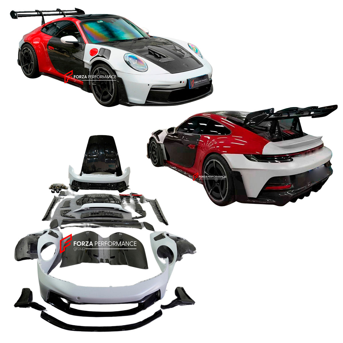 CONVERSION DRY CARBON BODY KIT for PORSCHE 911 992.1 CARRERA CARRERA S 2019 - 2025 UPGRADE to PORSCHE 911 992 GT3 RS 2019 - 2025

Set includes:

Front Bumper
Front Lip
Front Hood
Front Fender Air Vents
Side Door Panels
Side Skirts
Rear Fenders
Rear Bumper
Rear Diffuser
Rear Big Spoiler
Rear Base Spoiler
Rear Engine Hood
Rear Canards
Exhaust System
Material: Dry Carbon

Will Fit: PORSCHE 911 992.1 CARRERA CARRERA S 2019 - 2025

NOTE: Professional installation is required.

Available exclusively at FORZA PERF