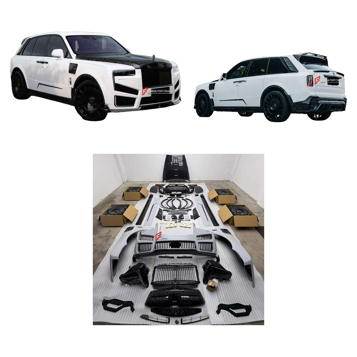 CONVERSION DRY CARBON BODY KIT for ROLLS-ROYCE CULLINAN SERIES I 2018 - 2024 UPGRADE to CULLINAN SERIES II 2024+ FORZA PERFORMANCE custom fit Mansory Style

Set includes:
Front Bumper Assembly
Front Grille
Hood Bonnet
Side Fender Vents
Fender Flares
Side Skirts
Roof Spoiler
Ducktail Spoiler
Rear Window Air Vent Trims
Rear Bumper Assembly
Rear Diffuser
Forged Wheels Rims

Material: Dry Carbon

NOTE: Professional installation is required.