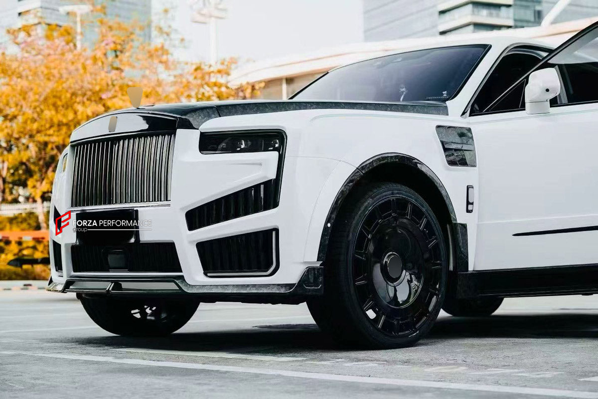CONVERSION DRY CARBON BODY KIT for ROLLS-ROYCE CULLINAN SERIES I 2018 - 2024 UPGRADE to CULLINAN SERIES II 2024+ FORZA PERFORMANCE custom fit Mansory Style

Set includes:
Front Bumper Assembly
Front Grille
Hood Bonnet
Side Fender Vents
Fender Flares
Side Skirts
Roof Spoiler
Ducktail Spoiler
Rear Window Air Vent Trims
Rear Bumper Assembly
Rear Diffuser
Forged Wheels Rims

Material: Dry Carbon

NOTE: Professional installation is required.