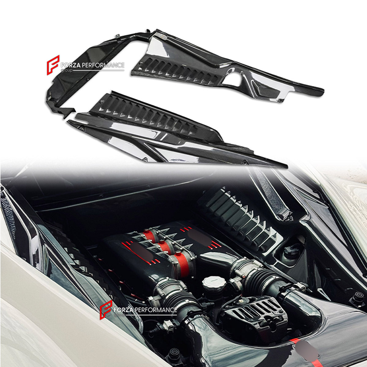 CONVERSION DRY CARBON ENGINE BAY TRIM COVERS for FERRARI 458 ITALIA SPIDER 2009 - 2015 UPGRADE to 458 SPECIALE 2013 - 2016 FORZA PERFORMANCE custom fit Speciale Style

Set includes:
Engine Bay Trim Covers

Material: Dry Carbon

NOTE: Professional installation is required.