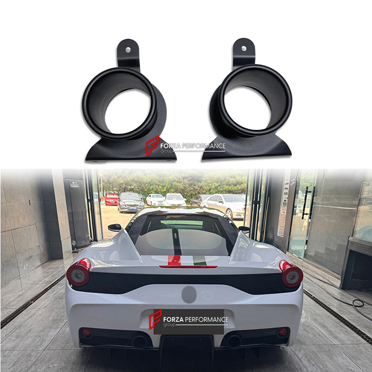 CONVERSION DRY CARBON EXHAUST TIPS for FERRARI 458 ITALIA SPIDER 2009 - 2015 UPGRADE to 458 SPECIALE 2013 - 2016 FORZA PERFORMANCE custom fit Speciale Style

Set includes:
Exhaust Tips

Material: Dry Carbon

NOTE: Professional installation is required.