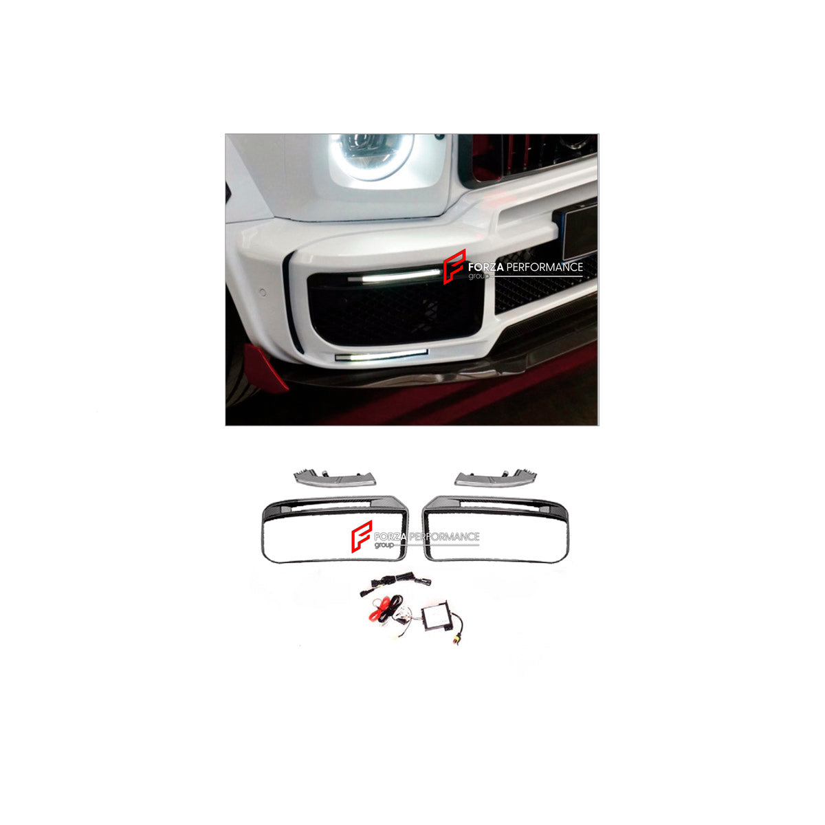CONVERSION DRY CARBON FOG LIGHT COVERS for MERCEDES-BENZ G-CLASS W463 2008 - 2018 UPGRADE to G-CLASS W464 2019 - 2024

Set includes:
Front Bumper Fog Light Covers

Material: Dry Carbon

NOTE: Professional installation is required.