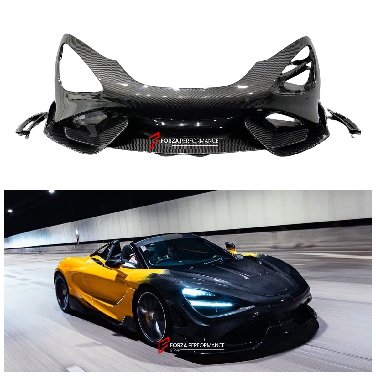 CONVERSION DRY CARBON FRONT BUMPER ASSEMBLY for MCLAREN 720S COUPE 2017 - 2023 UPGRADE to 765LT 2020 - 2023

Set includes:
Front Bumper Assembly

Material: Dry Carbon

NOTE: Professional installation is required.