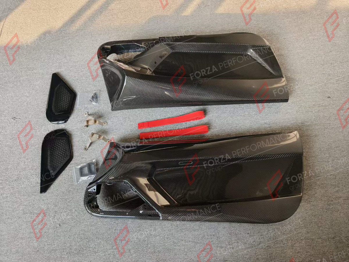 CONVERSION DRY CARBON INTERIOR DOOR PANELS for LAMBORGHINI AVENTADOR LP700 LP720 2011 - 2016 UPGRADE to SVJ 2018 - 2022 FORZA PERFORMANCE custom fit SVJ Style

Set includes:
Interior Door Panels

Material: Dry Carbon

NOTE: Professional installation is required.