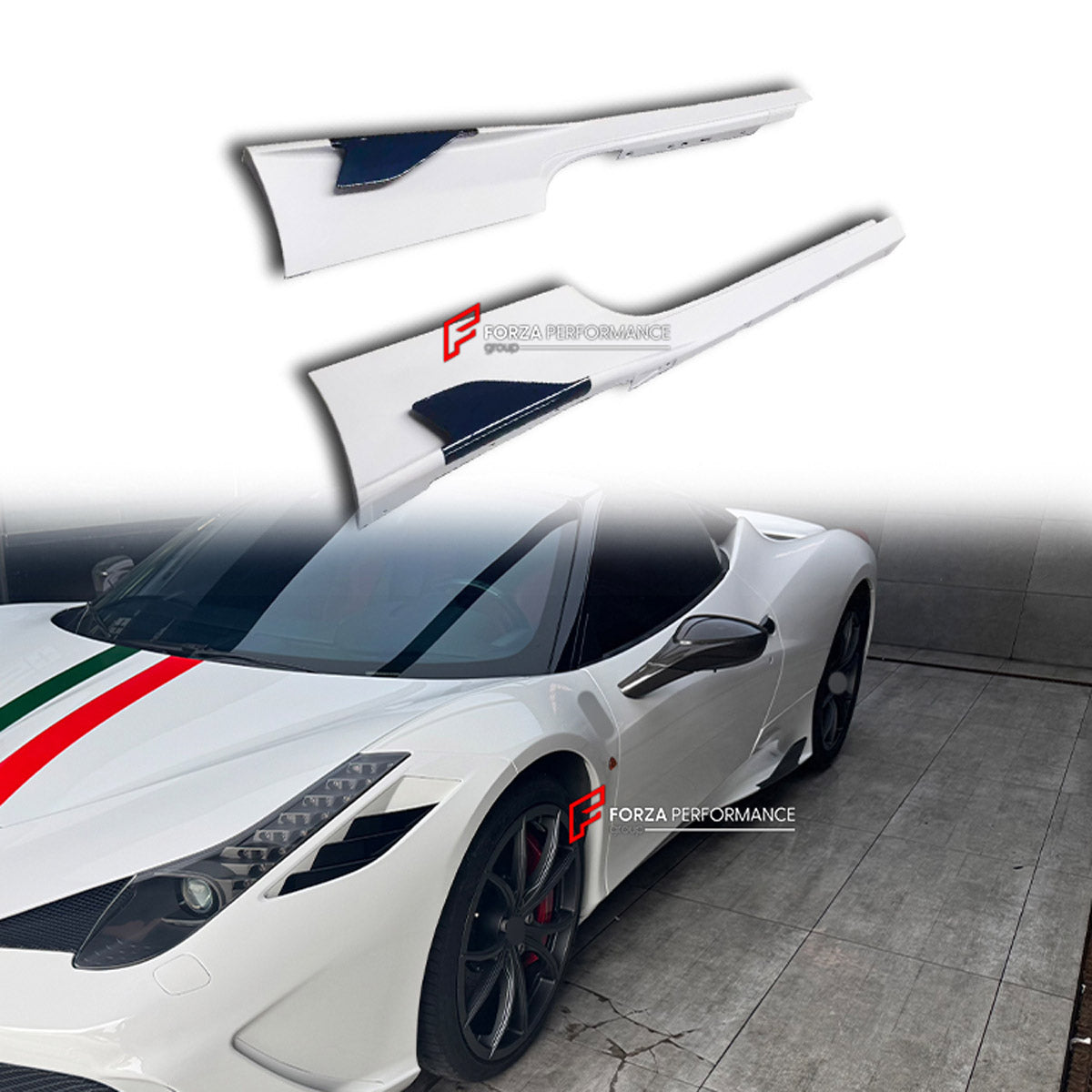 CONVERSION DRY CARBON SIDE SKIRTS for FERRARI 458 ITALIA SPIDER 2009 - 2015 UPGRADE to 458 SPECIALE 2013 - 2016 FORZA PERFORMANCE custom fit Speciale Style

Set includes:
Side Skirts

Material: Dry Carbon

NOTE: Professional installation is required.