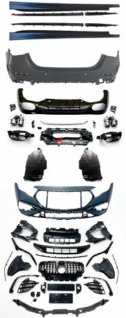 CONVERSION E53 AMG BODY KIT for MERCEDES BENZ E CLASS W214 E350 E450 4MATIC 2023+
Set includes:

Front Bumper
Front Grille
Front Bumper Lower Grille
Side Skirts
Rear Bumper
Rear Diffuser
Exhaust Tips
Material: Plastic

NOTE: Professional installation is required.