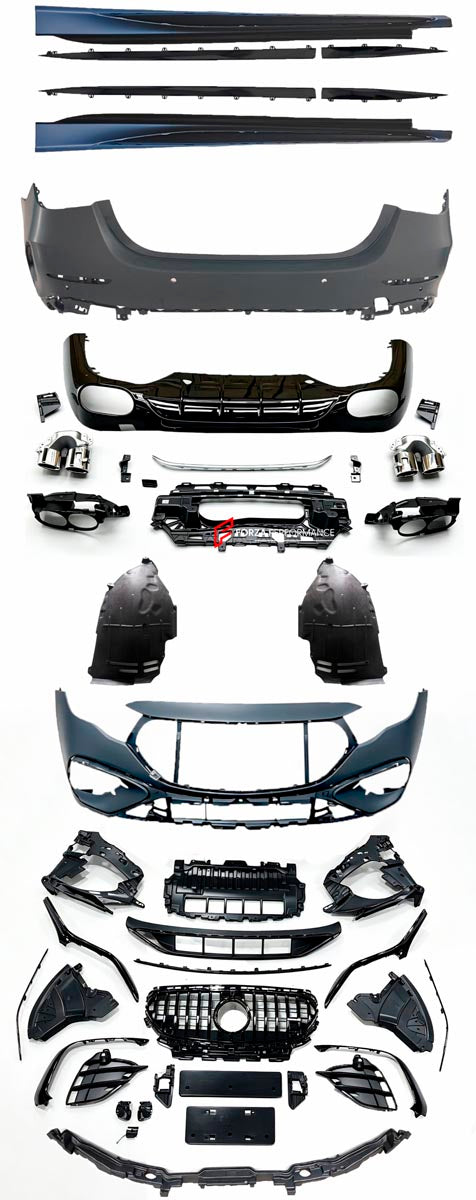 CONVERSION E53 AMG BODY KIT for MERCEDES BENZ E CLASS W214 E350 E450 4MATIC 2023+
Set includes:

Front Bumper
Front Grille
Front Bumper Lower Grille
Side Skirts
Rear Bumper
Rear Diffuser
Exhaust Tips
Material: Plastic

NOTE: Professional installation is required.