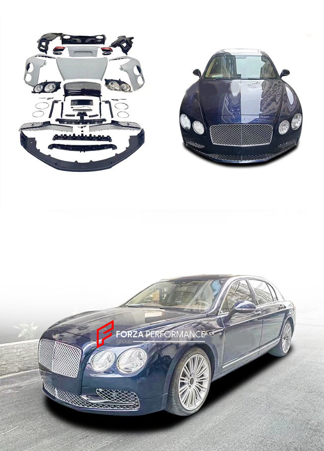 CONVERSION BODY KIT for BENTLEY FLYING SPUR 2005 - 2013 to 2013 - 2016    Set includes:  Front lip  Hood  Center Grille  Lower mesh Rear bumper Fenders Taillights  Headlights Hood