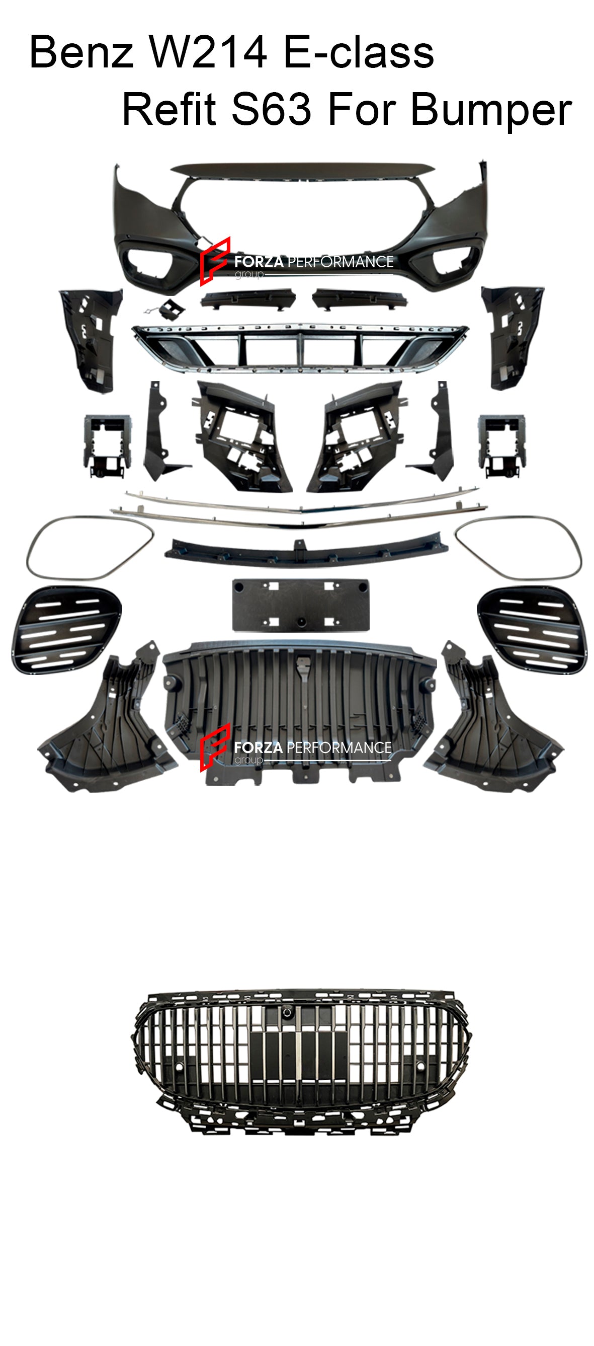 CONVERSION FRONT BUMPER and GRILLE for MERCEDES BENZ E CLASS W214 2023+ UPGRADE to S CLASS AMG W223 S63

Set includes:

Front Bumper
Front Grille


Each part of this kit can be sent separately. Please contact us if you need a specific part.

Material: Plastic

NOTE:&nbsp;Professional installation is required

Payment ►
Visa

Mastercard

PayPal with a credit card (add 4.4% at checkout)
Payoneer
Cryptocurrency
Shipment ►
By express DHL/UPS/TNT/FedEx
To the local international airport
Special line by air
Speci