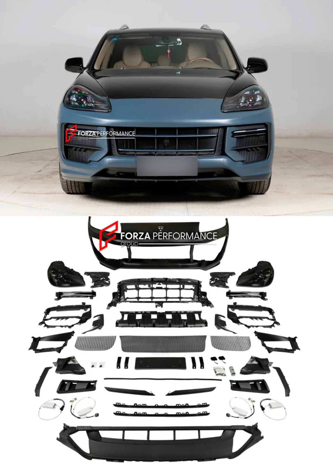 CONVERSION FRONT BUMPER ASSEMBLY and HEADLIGHTS for PORSCHE CAYENNE E1 9PA 957 FACELIFT 2007 - 2010 UPGRADE to CAYENNE TURBO GT E3 9YA 9Y0.2 FACELIFT 2024+