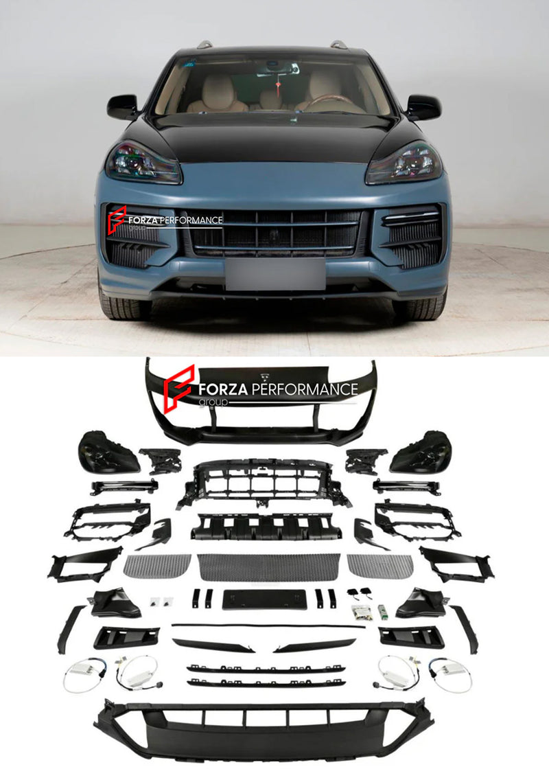CONVERSION FRONT BUMPER ASSEMBLY and HEADLIGHTS for PORSCHE CAYENNE E1 9PA 957 FACELIFT 2007 - 2010 UPGRADE to CAYENNE TURBO GT E3 9YA 9Y0.2 FACELIFT 2024+