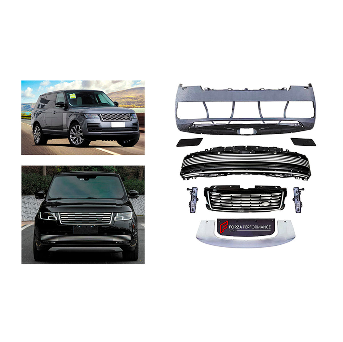 CONVERSION UPGRADE FACELIFT OLD TO NEW BODY KIT for Land Rover Range Rover Vogue 2018 - 2022 to Vogue 2023+
Set includes:

Front Bumper Assembly
Material: Plastic

NOTE: Professional installation is required.