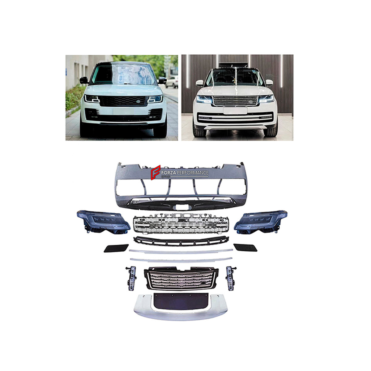 CONVERSION UPGRADE FACELIFT OLD TO NEW BODY KIT for Land Rover Range Rover Vogue 2018 - 2022 to Vogue 2023+
Set includes:

Front Bumper Assembly
Material: Plastic

NOTE: Professional installation is required.