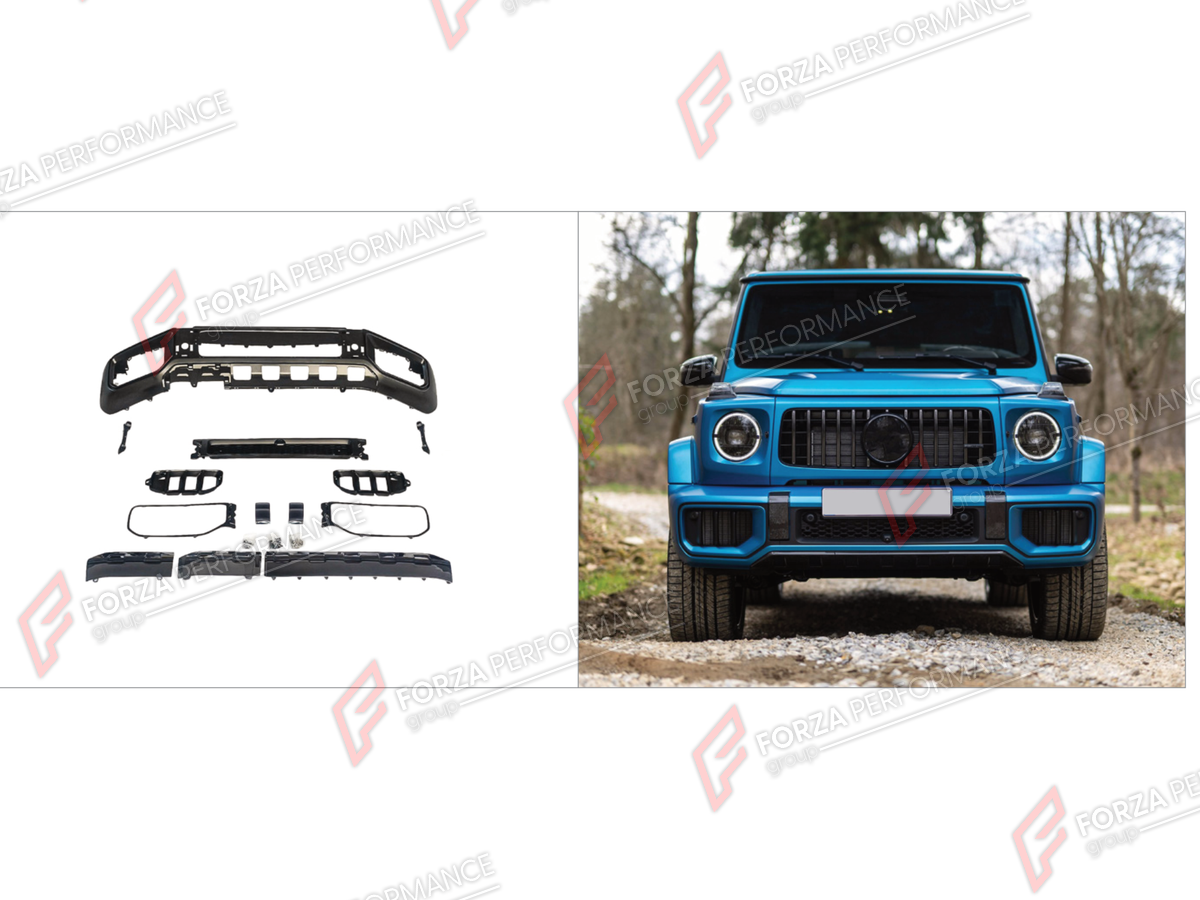 CONVERSION FRONT BUMPER ASSEMBLY for MERCEDES-BENZ G-CLASS W464 2019 - 2024 UPGRADE to G-CLASS W465 G63 2025+

Set includes:
Front Bumper Assembly

Material: Plastic

NOTE: Professional installation is required.