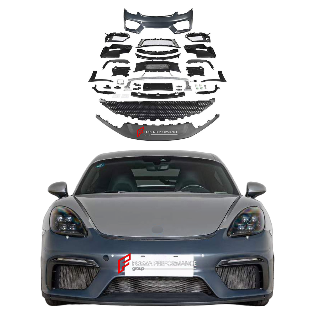 CONVERSION FRONT BUMPER ASSEMBLY for PORSCHE 718 982 CAYMAN BOXSTER 2016 - 2025 UPGRADE to 718 GT4 2019 - 2023 FORZA PERFORMANCE custom fit GT4 Style

Set includes:
Front Bumper Assembly

Material: Plastic

NOTE: Professional installation is required.