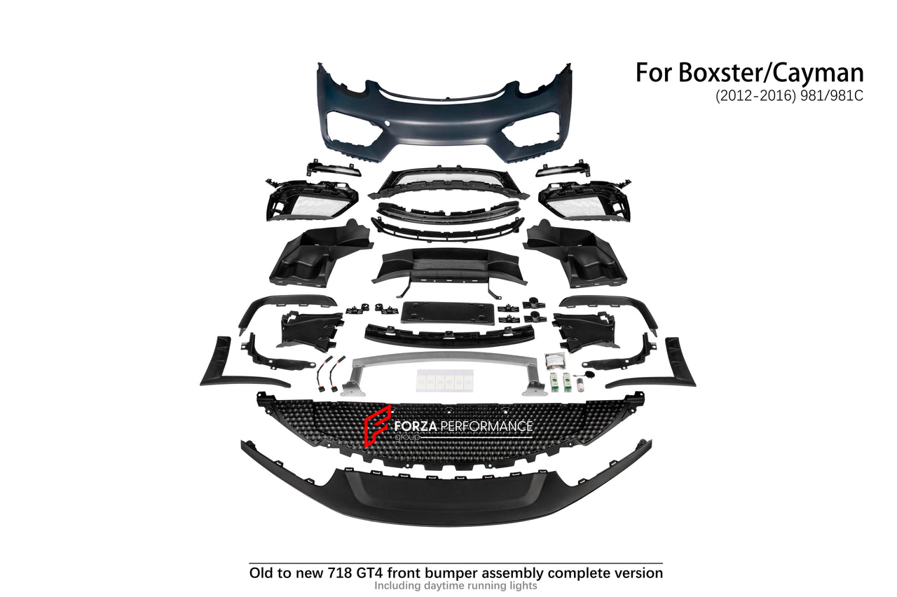 CONVERSION FRONT BUMPER ASSEMBLY for PORSCHE CAYMAN BOXSTER 981 2012 - 2016 upgrade to 718 BOXSTER CAYMAN 982 GT4 2020 - 2023

Set includes:

Front Bumper Assembly


Material: Plastic

Note: Professional installation is required