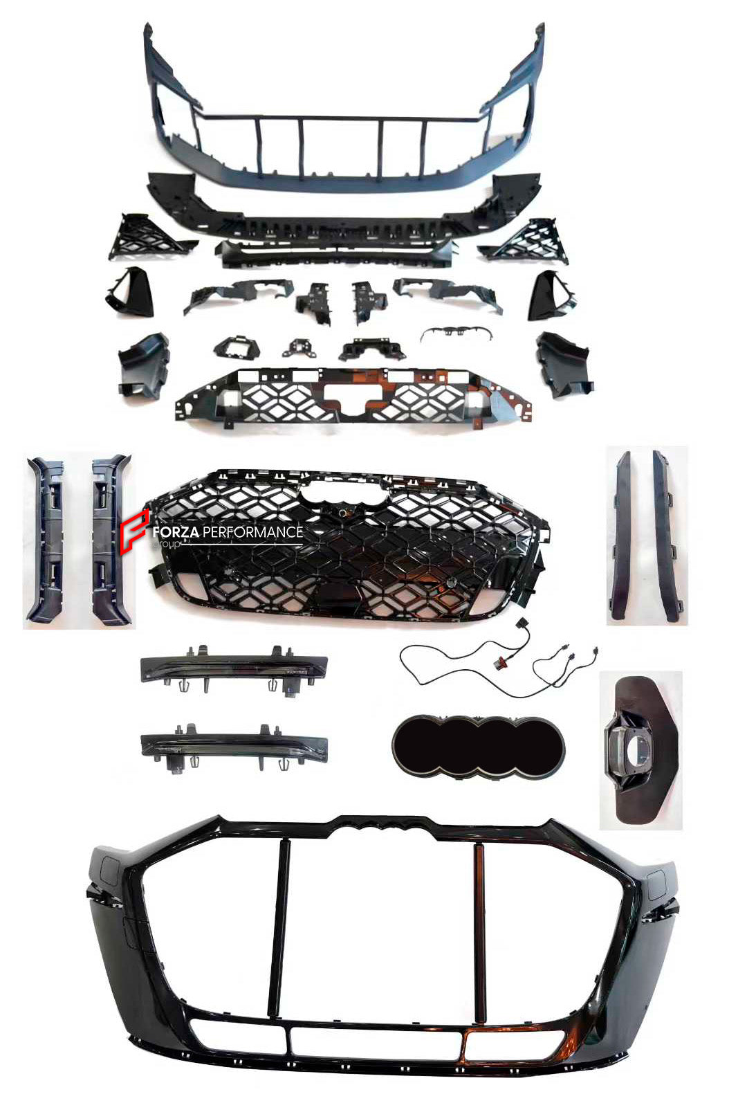 CONVERSION FRONT BUMPER KIT for AUDI A3 8Y 2020 - 2024 upgrade to RS3 8Y FACELIFT 2024+

Set includes:

Front Bumper Assembly
Front Grille Frame
Front Grille

Material: Plastic

NOTE: Professional installation is required