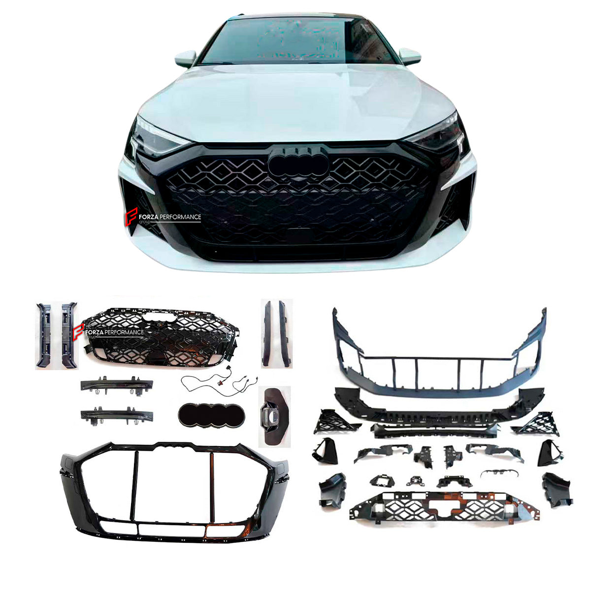 CONVERSION FRONT BUMPER KIT for AUDI A3 8Y 2020 - 2024 upgrade to RS3 8Y FACELIFT 2024+

Set includes:

Front Bumper Assembly
Front Grille Frame
Front Grille

Material: Plastic

NOTE: Professional installation is required
