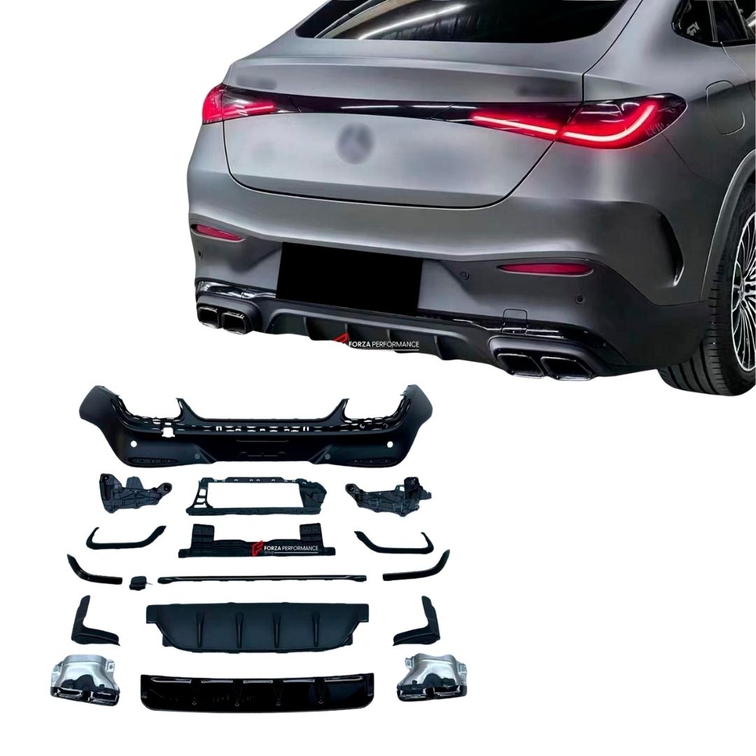 CONVERSION GLC 63 REAR BUMPER WITH DIFFUSER AND EXHAUST TIPS for MERCEDES BENZ GLC COUPE C254 2024 - 2026 Forza Performance Custom fit
Set includes:

Rear Bumper
Rear Bumper Corner Trims
Rear Bumper Canards
Rear Diffuser
Mounting Brackets
Exhaust Tips
Material: Plastic + Stainless Steel

NOTE: Professional installation is required.