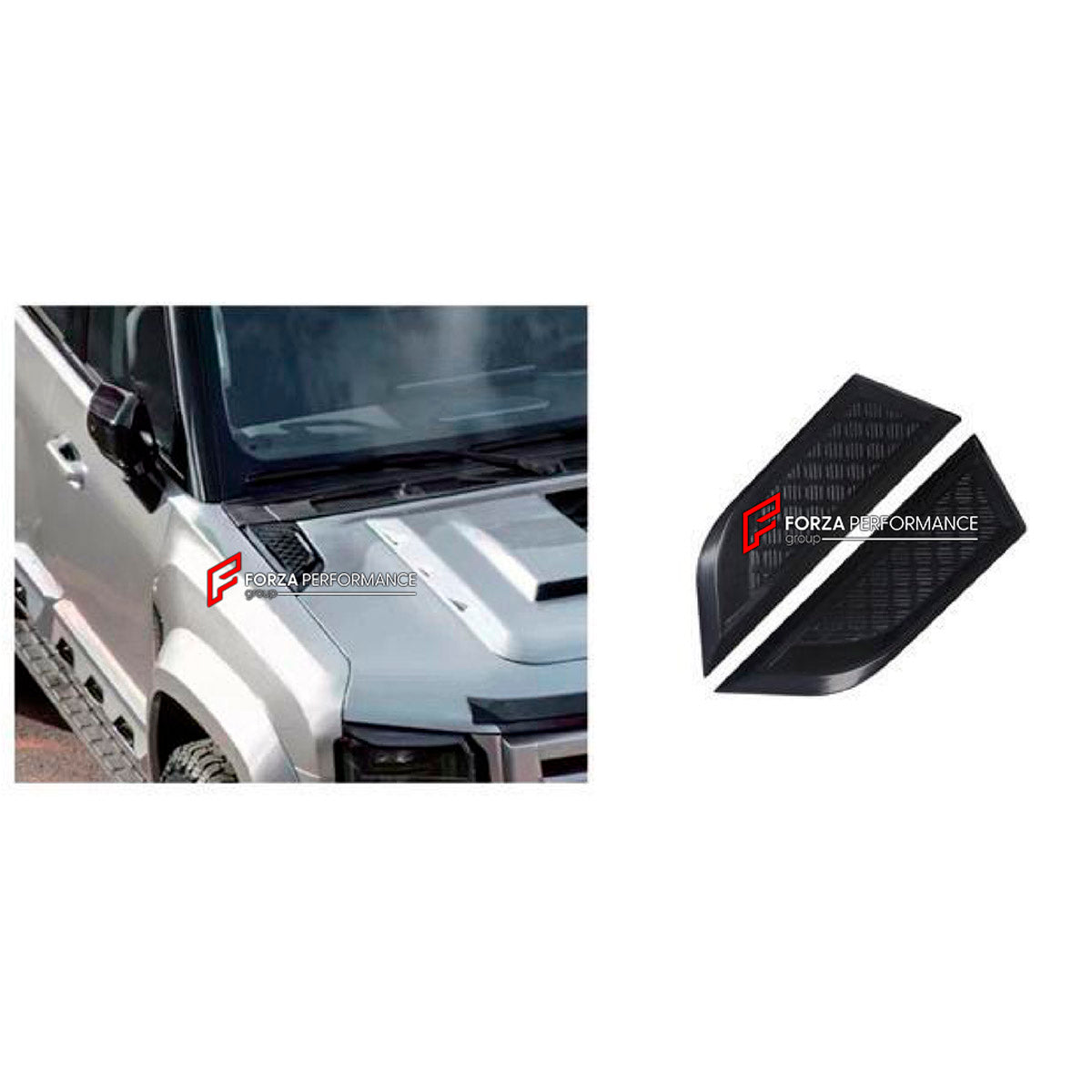 CONVERSION HOOD BONNET AIR VENTS for JETOUR T2 TRAVELLER 2024+ UPGRADE to LAND ROVER DEFENDER L663 2020+ FORZA PERFORMANCE custom fit LM Style

Set includes:
Hood Bonnet Air Vents

Material: Plastic

NOTE: Professional installation is required.
