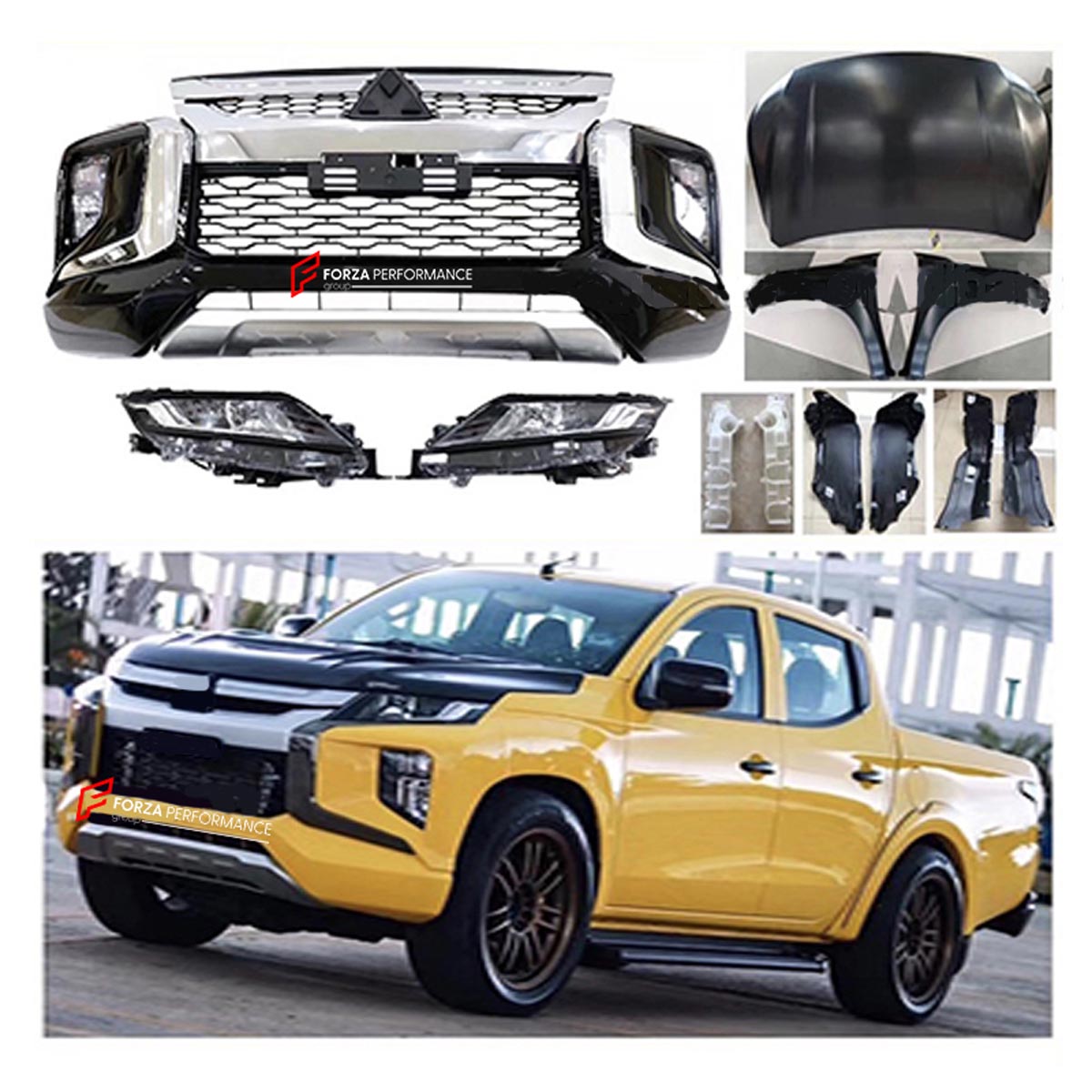 CONVERSION UPGRADE FACELIFT OLD TO NEW BODY KIT for MITSUBISHI TRITON 2 II L200 2015 - 2018 to TRITON 3 III
Set includes:

Front Bumper Assembly
Headlights
Hood Bonnet
Front Fenders
Taillights
Rear Bumper
Material: Plastic

NOTE: Professional installation is required.