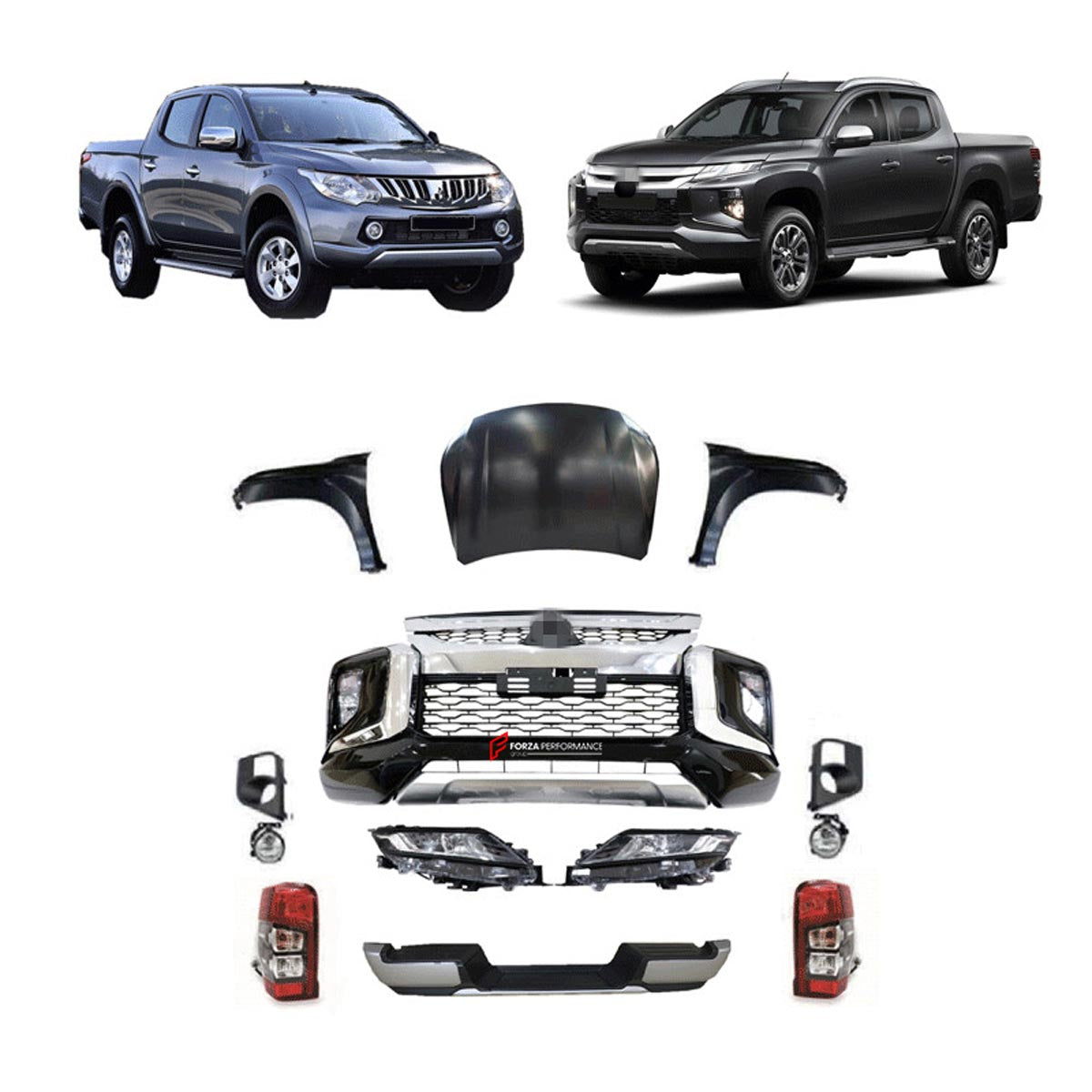 CONVERSION UPGRADE FACELIFT OLD TO NEW BODY KIT for MITSUBISHI TRITON 2 II L200 2015 - 2018 to TRITON 3 III
Set includes:

Front Bumper Assembly
Headlights
Hood Bonnet
Front Fenders
Taillights
Rear Bumper
Material: Plastic

NOTE: Professional installation is required.