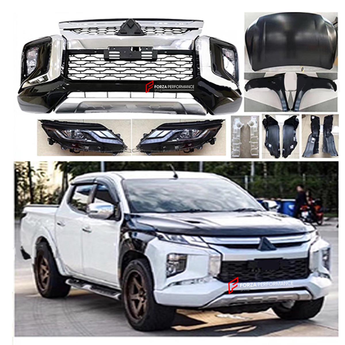 CONVERSION UPGRADE FACELIFT OLD TO NEW BODY KIT for MITSUBISHI TRITON 2 II L200 2015 - 2018 to TRITON 3 III
Set includes:

Front Bumper Assembly
Headlights
Hood Bonnet
Front Fenders
Taillights
Rear Bumper
Material: Plastic

NOTE: Professional installation is required.