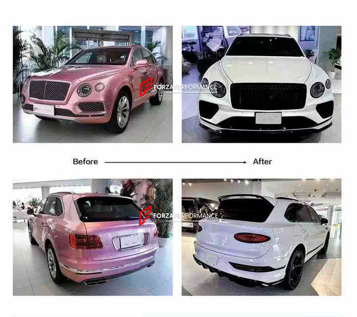 CONVERSION BODY KIT for BENTLEY BENTAYGA PL71 2015-2020 UPGRADE TO PL71 FACELIFT 2021+

Set includes:

Front Bumper Assembly
Front Fenders
Grille
Headlights
Hood

Quarter Panels
Rear Bumper Assembly
Rear Trunk Assembly
Taillights
Exhaust Tips

Material: Plastic + Steel

NOTE: Professional installation is required