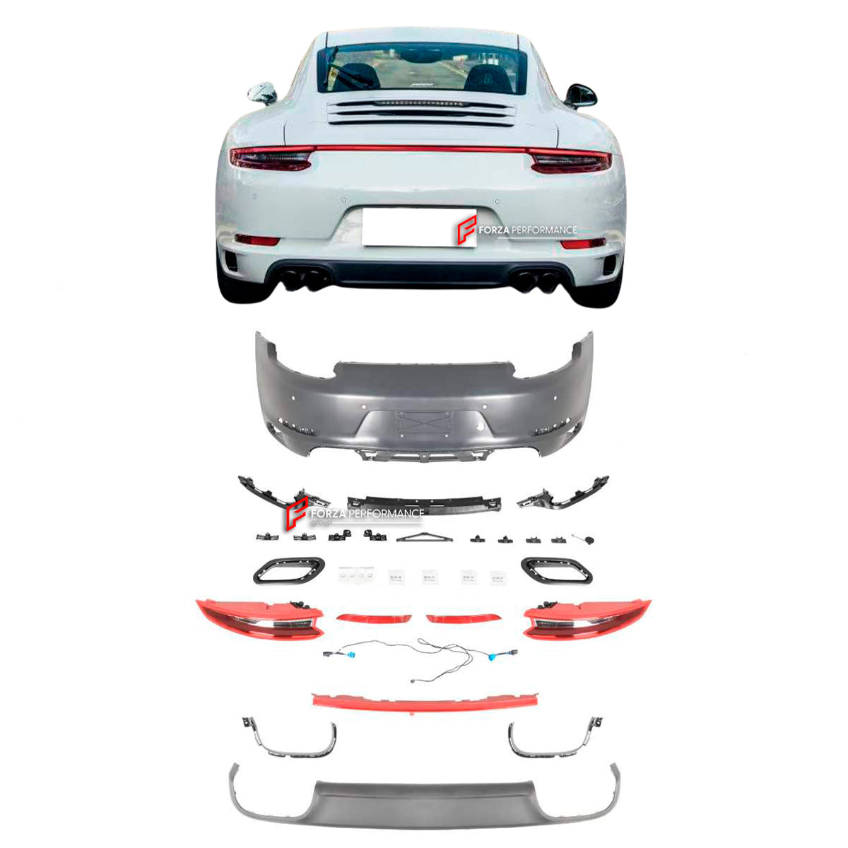 CONVERSION REAR BUMPER KIT for PORSCHE 911 991.1 CARRERA 2011 - 2017 upgrade to 991.2 CARRERA 2015 - 2020

Set includes:

Rear Tail Lights
Rear Bumper
Rear Diffuser
Exhaust Tips

Material: Plastic

NOTE: Professional installation is required.CONVERSION REAR BUMPER KIT for PORSCHE 911 991.1 CARRERA 2011 - 2017 upgrade to 991.2 CARRERA 2015 - 2020

Set includes:

Rear Tail Lights
Rear Bumper
Rear Diffuser
Exhaust Tips

Material: Plastic

NOTE: Professional installation is required.