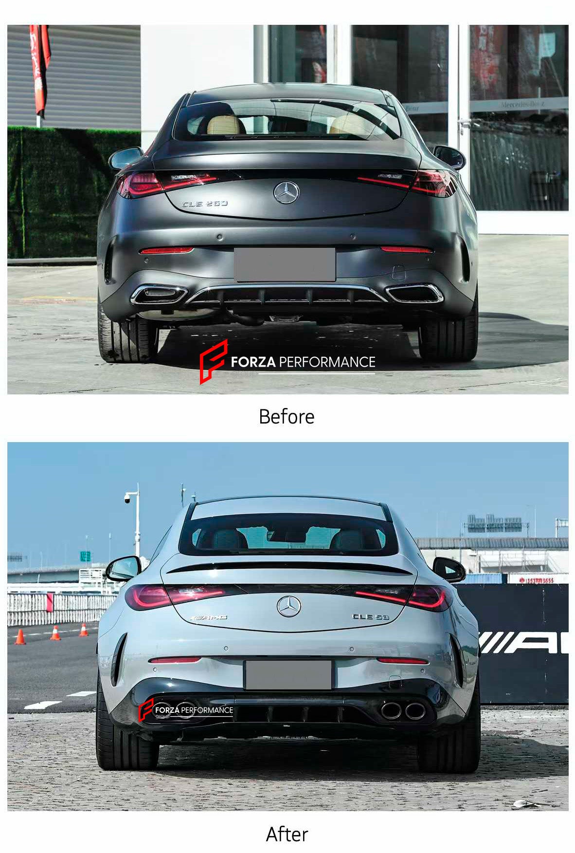 CONVERSION REAR DIFFUSER with EXHAUST TIPS for MERCEDES-BENZ CLE CLASS COUPE C236 A236 X236 2024+ UPGRADE to CLE CLASS AMG CLE 53 2024+ FACELIFT

Set includes:

Rear Diffuser
Exhaust Tips

Material:Plastic + Steel

NOTE: Professional installation is required