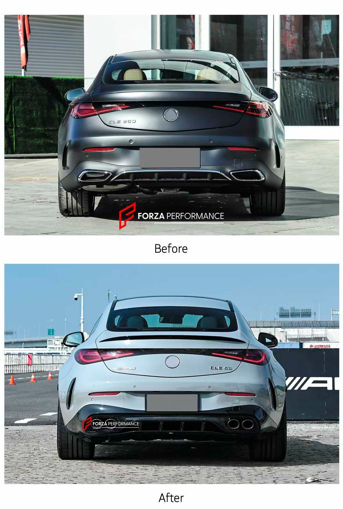 CONVERSION REAR DIFFUSER with EXHAUST TIPS for MERCEDES-BENZ CLE CLASS COUPE C236 A236 X236 2024+ UPGRADE to CLE CLASS AMG CLE 53 2024+ FACELIFT

Set includes:

Rear Diffuser
Exhaust Tips

Material:Plastic + Steel

NOTE: Professional installation is required