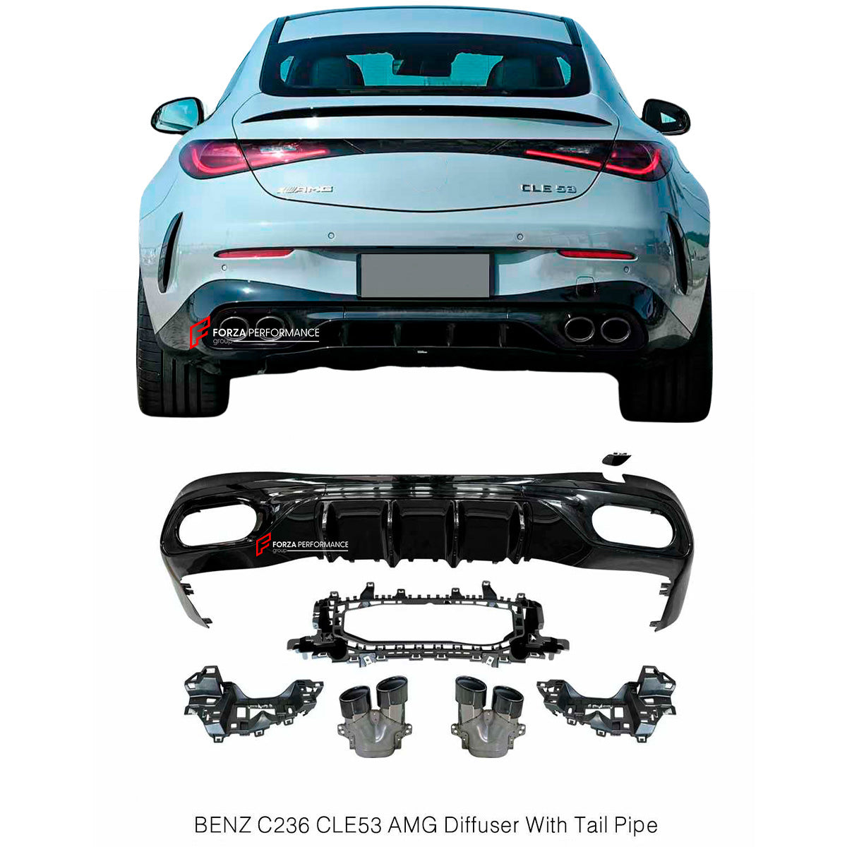 CONVERSION REAR DIFFUSER with EXHAUST TIPS for MERCEDES-BENZ CLE CLASS COUPE C236 A236 X236 2024+ UPGRADE to CLE CLASS AMG CLE 53 2024+ FACELIFT

Set includes:

Rear Diffuser
Exhaust Tips

Material:Plastic + Steel

NOTE: Professional installation is required