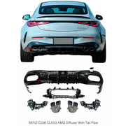 CONVERSION REAR DIFFUSER with EXHAUST TIPS for MERCEDES-BENZ CLE CLASS COUPE C236 A236 X236 2024+ UPGRADE to CLE CLASS AMG CLE 53 2024+ FACELIFT

Set includes:

Rear Diffuser
Exhaust Tips

Material:Plastic + Steel

NOTE: Professional installation is required