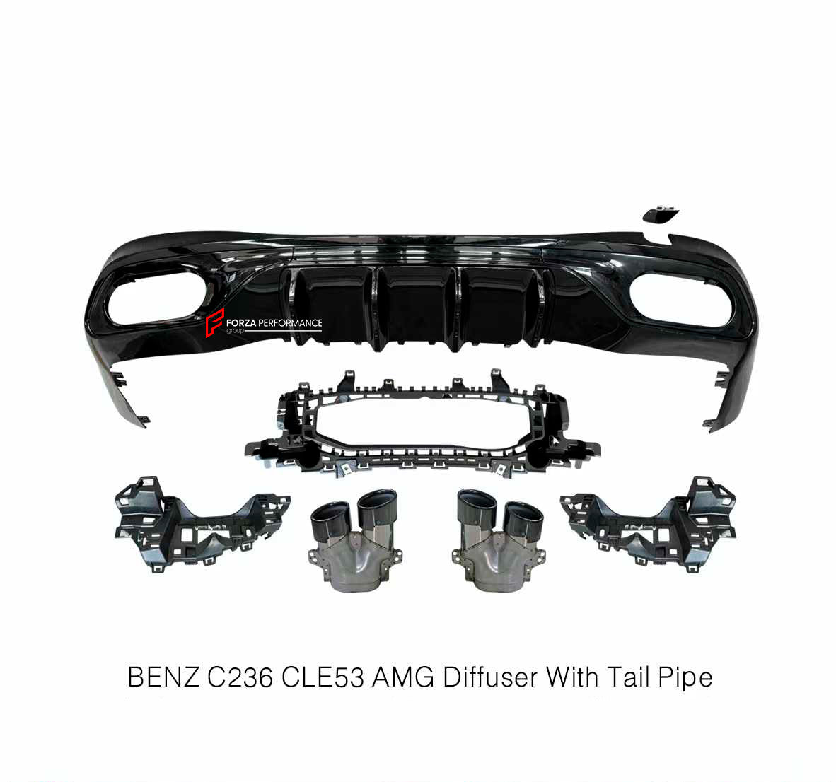 CONVERSION REAR DIFFUSER with EXHAUST TIPS for MERCEDES-BENZ CLE CLASS COUPE C236 A236 X236 2024+ UPGRADE to CLE CLASS AMG CLE 53 2024+ FACELIFT

Set includes:

Rear Diffuser
Exhaust Tips

Material:Plastic + Steel

NOTE: Professional installation is required