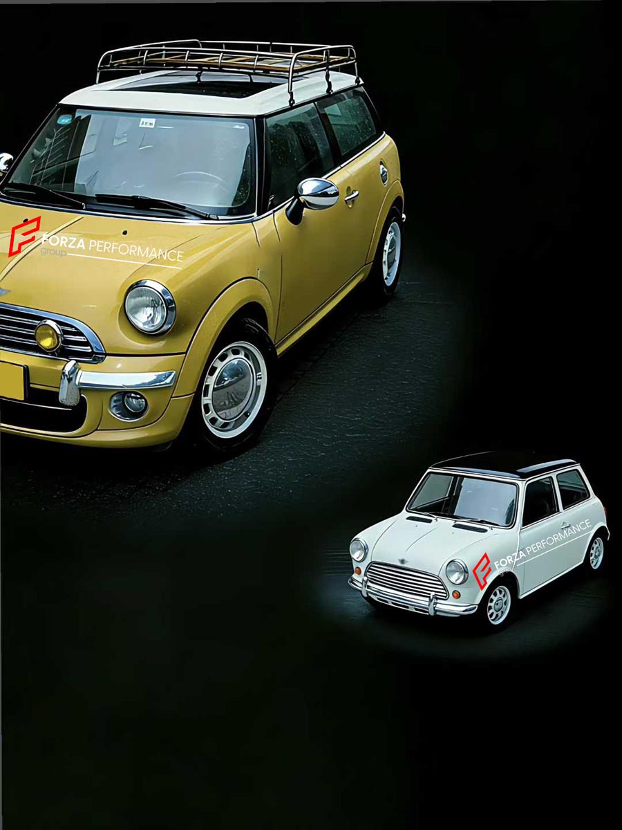 CONVERSION RETRO FRONT BUMPER for MINI COOPER R55 56 57 60 2007 - 2016
Set includes:

Front Lip
Hood Bonnet
Front Bumper Assembly
Grille Trim
Fender Flares
Material: Plastic

NOTE: Professional installation is required.