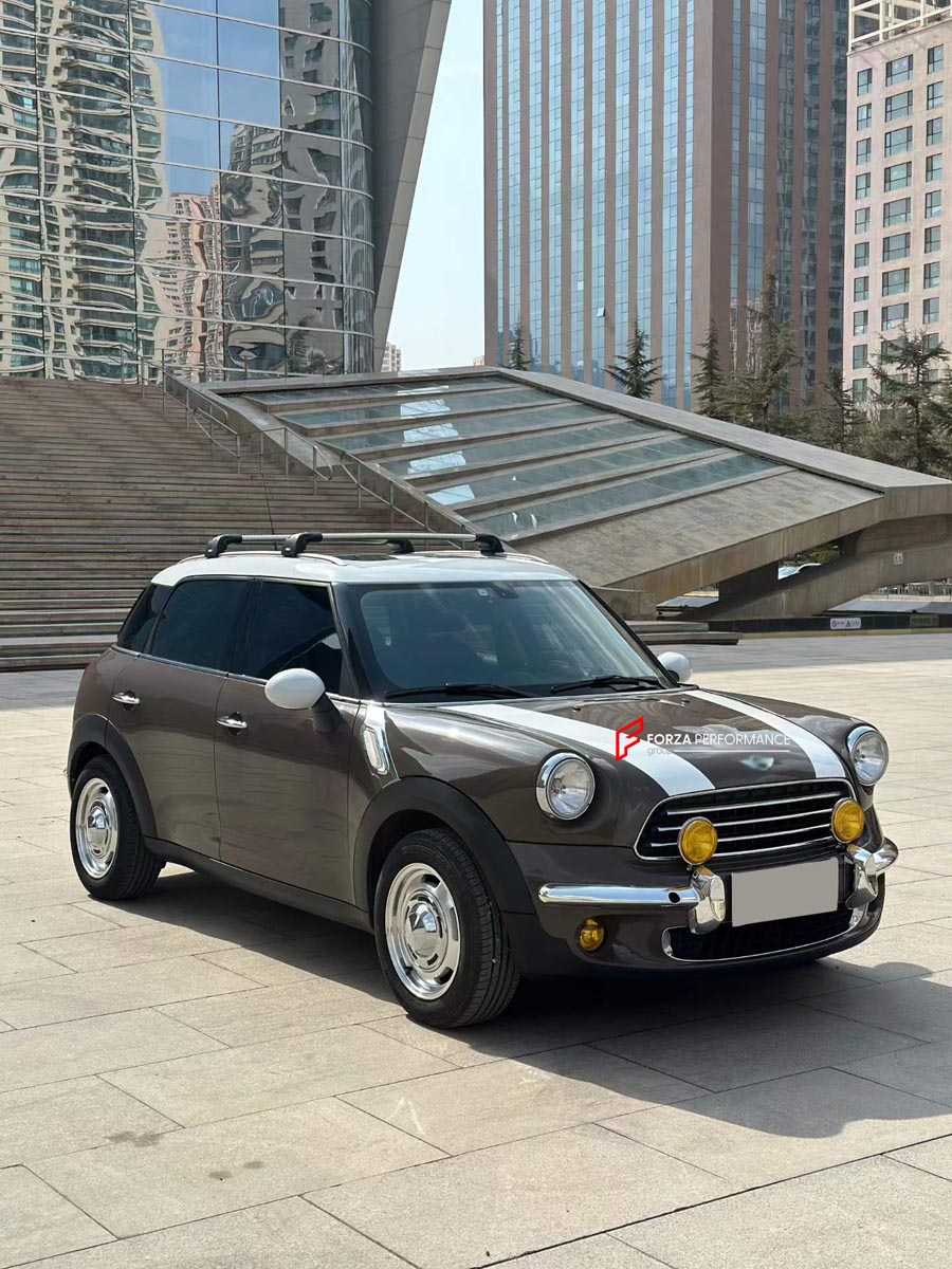 CONVERSION RETRO FRONT BUMPER for MINI COOPER R55 56 57 60 2007 - 2016
Set includes:

Front Lip
Hood Bonnet
Front Bumper Assembly
Grille Trim
Fender Flares
Material: Plastic

NOTE: Professional installation is required.